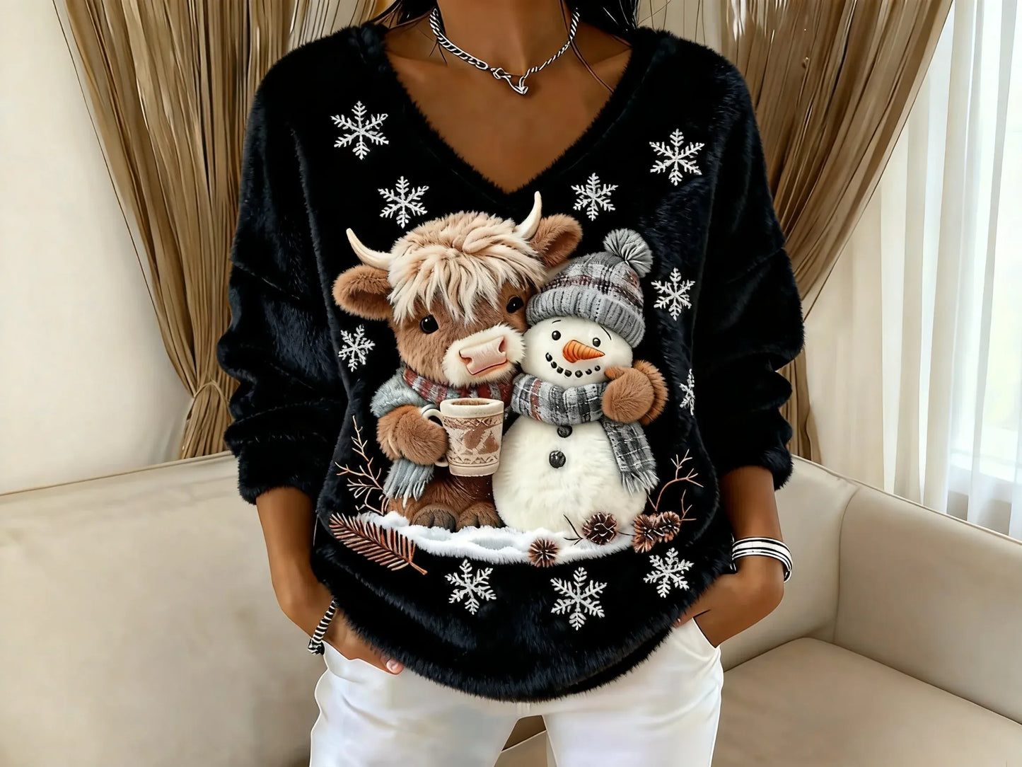 🔥Último día con 49% de descuento🔥Blusa de mujer con cuello en V y estampado de vaca Yeti escocesa-ES