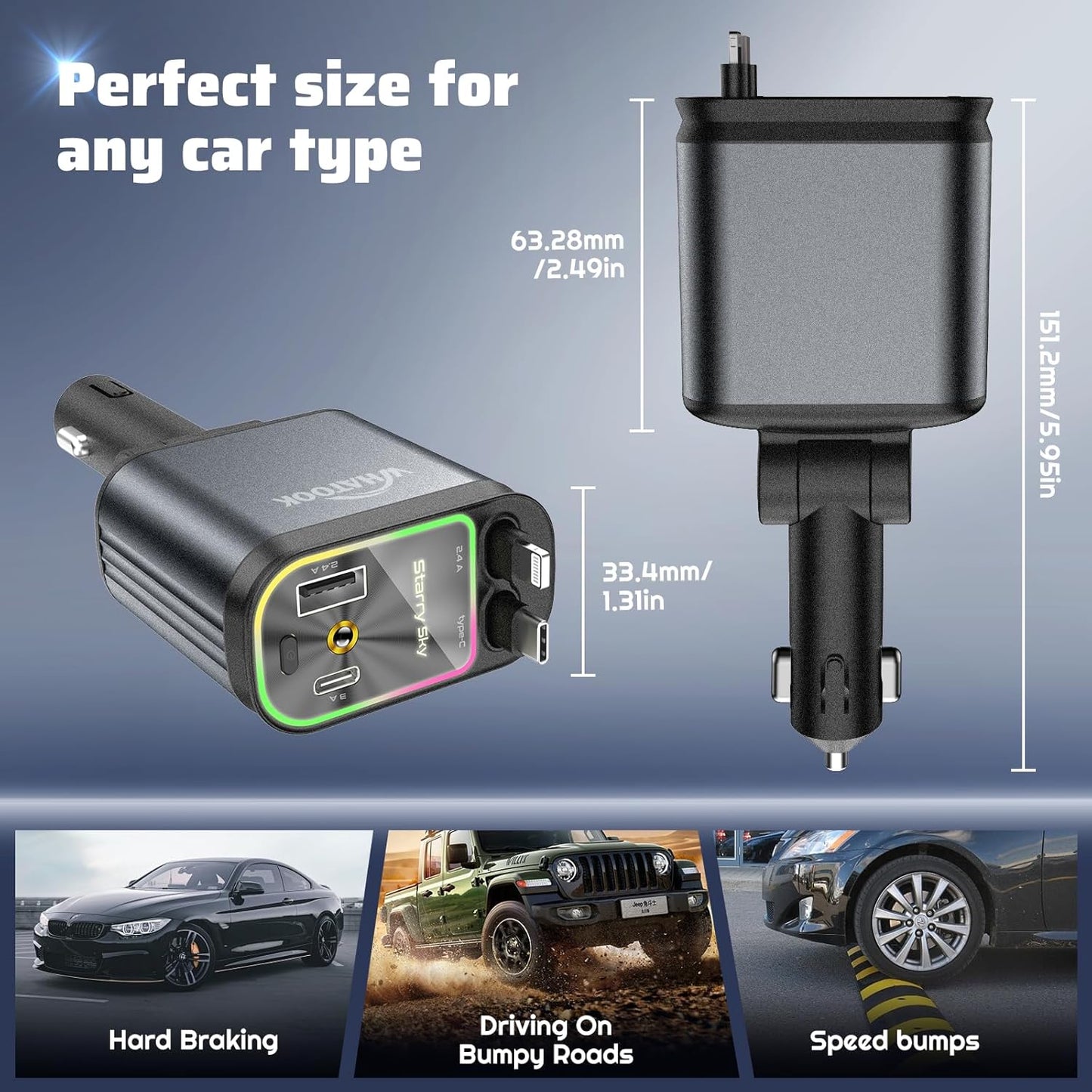 Nuevo modelo 2025 con cargador rápido retráctil Starlight 4 en 1 para coche-ES