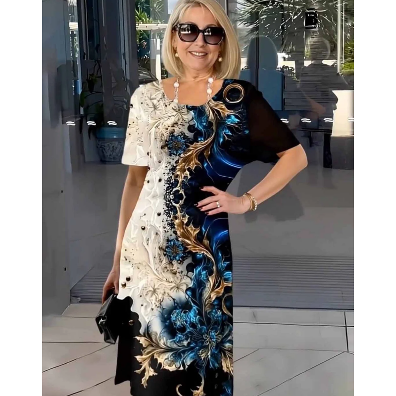 👗 Vestido de manga corta con cuello redondo y estampado floral de verano para mujer-ES