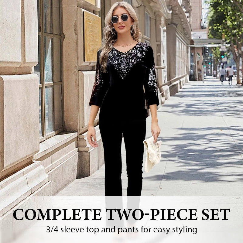 Conjunto de top y pantalón de terciopelo para mujer con pedrería--ES