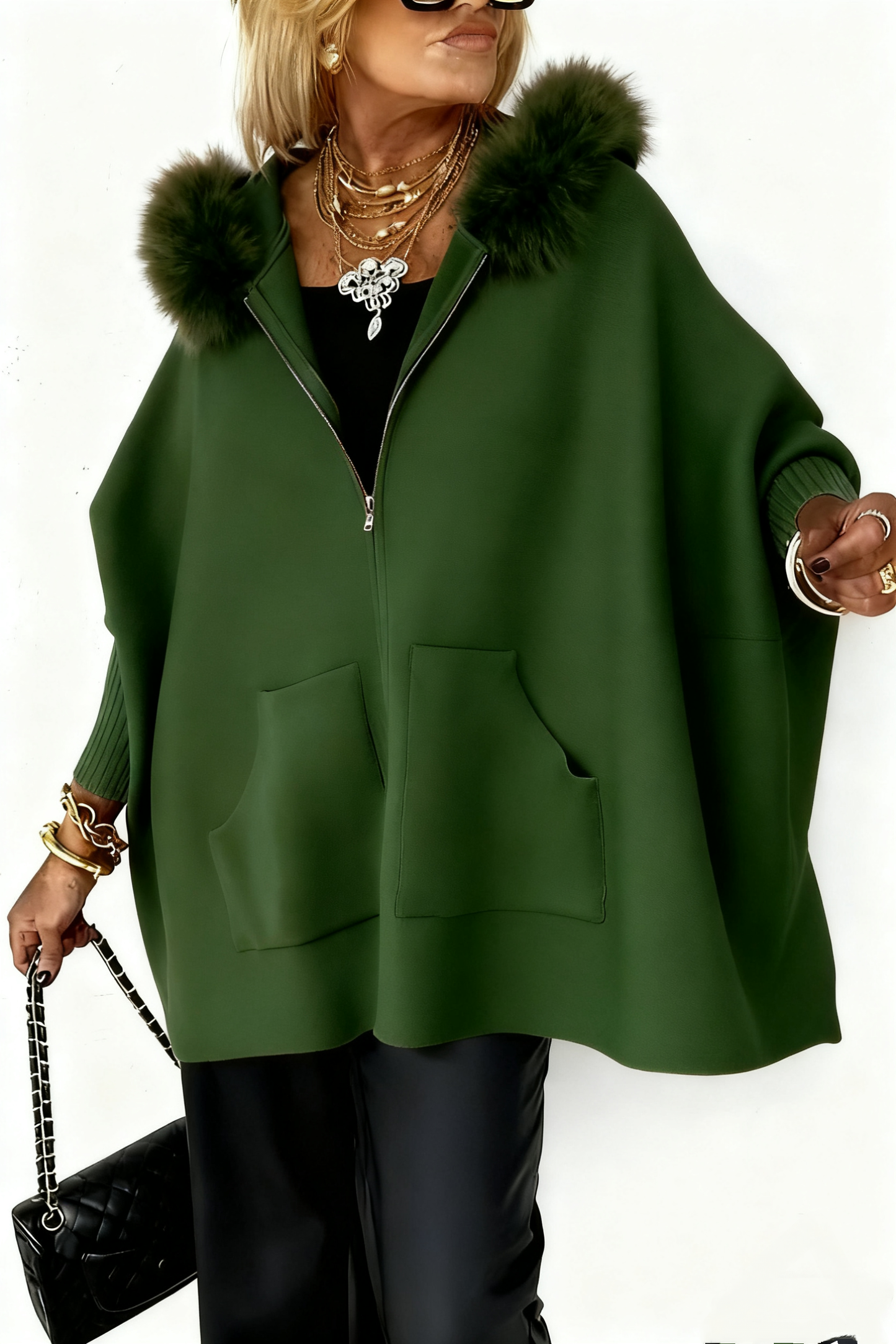 Chaqueta casual de mujer con cuello de piel de color liso.-ES