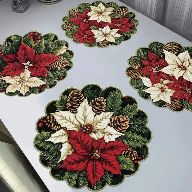10 manteles individuales de invierno con forma de flor de Pascua y piñas, de tela antideslizante.-ES