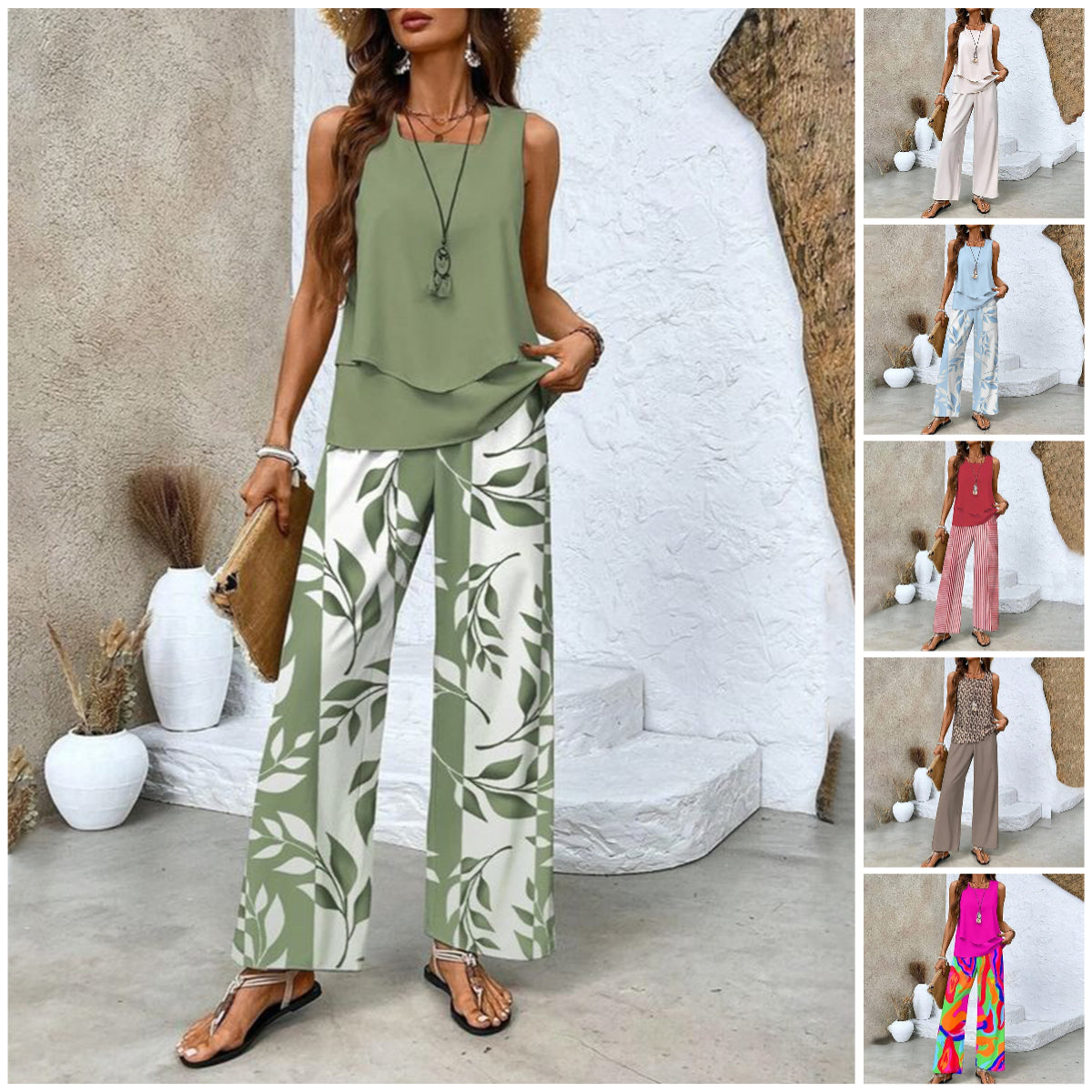 🌺Pantalón de 2 piezas sin mangas y estampado para mujer-ES