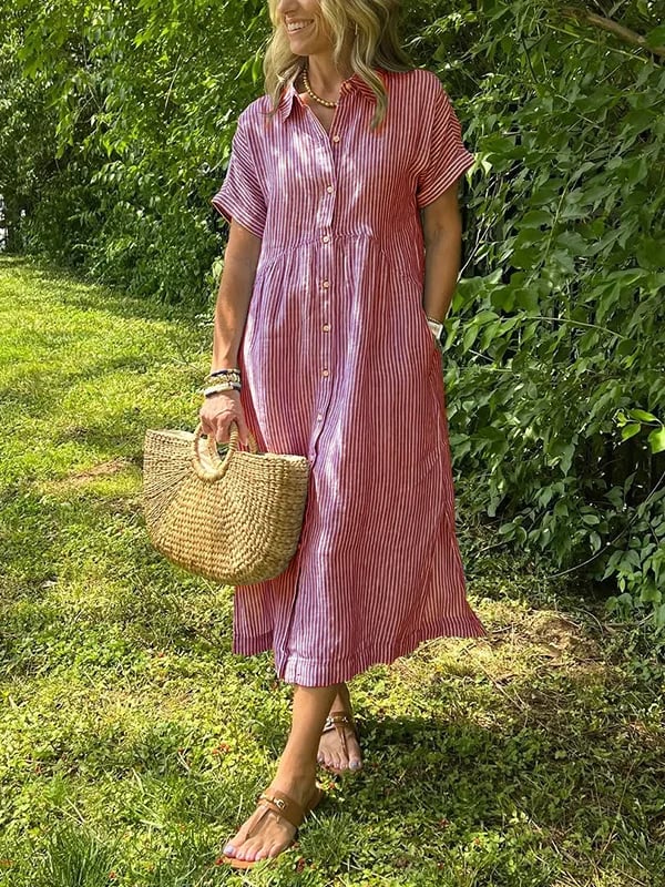 Vestido camisero de rayas con solapas y botones | Con bolsillos funcionales-ES