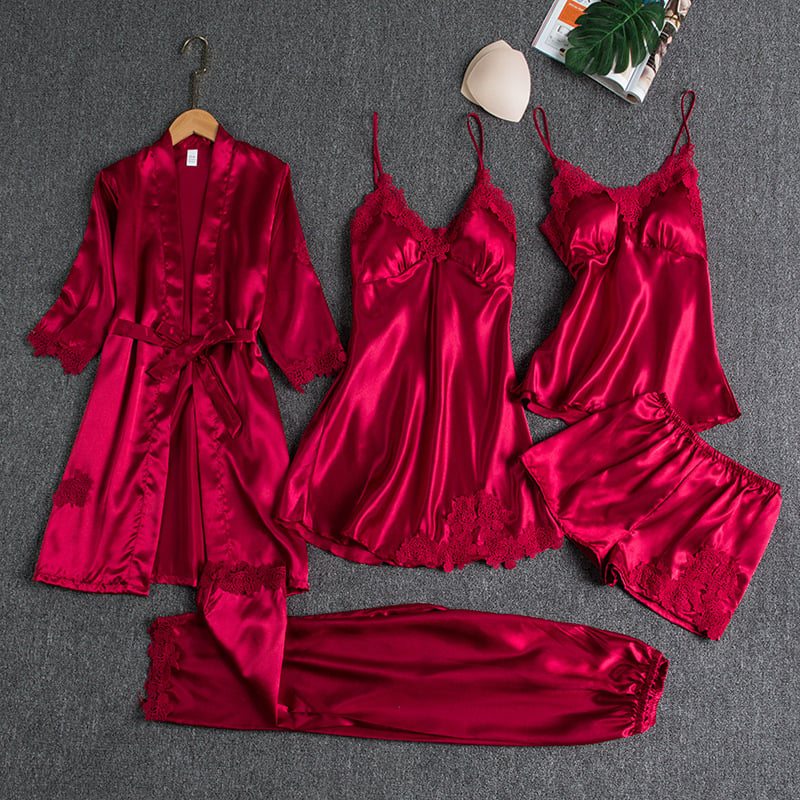 🔥🌹Oferta de San Valentín💕 Camisón sexy de seda helada de 5 piezas para mujer-ES