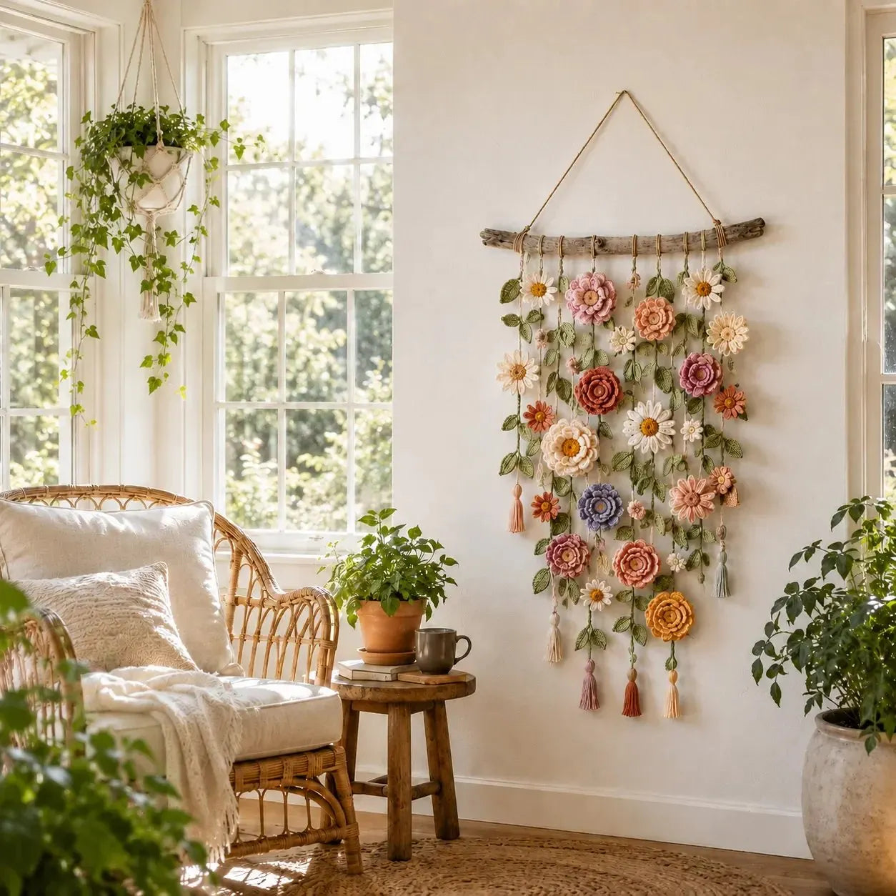 🌸Boho kvačkana stenska dekoracija s cvetjem-SI