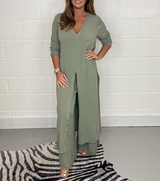 💃Top largo casual de dos piezas y pantalón casual😍-ES