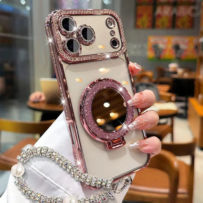 ✨💎Žėrintis deimantinis moteriškas telefono dėklas su veidrodėliu ir stovu, skirtas iPhone 12/13/14/15/16/17 Pro Max, 17Air, 14/15/16 Plus💖-LT