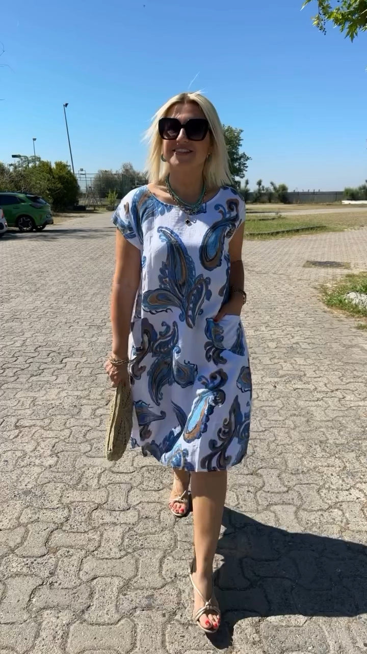 Vestido de algodón y lino con estampado-ES