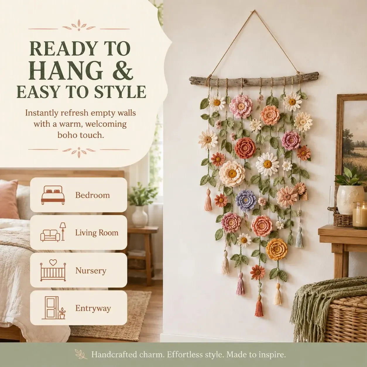 🌸Boho kvačkana stenska dekoracija s cvetjem-SI