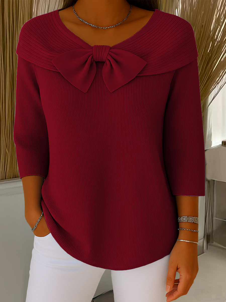 Suéter de punto de color liso para mujer, con cuello redondo y mangas tres cuartos, con lazo, ideal para uso diario.-ES