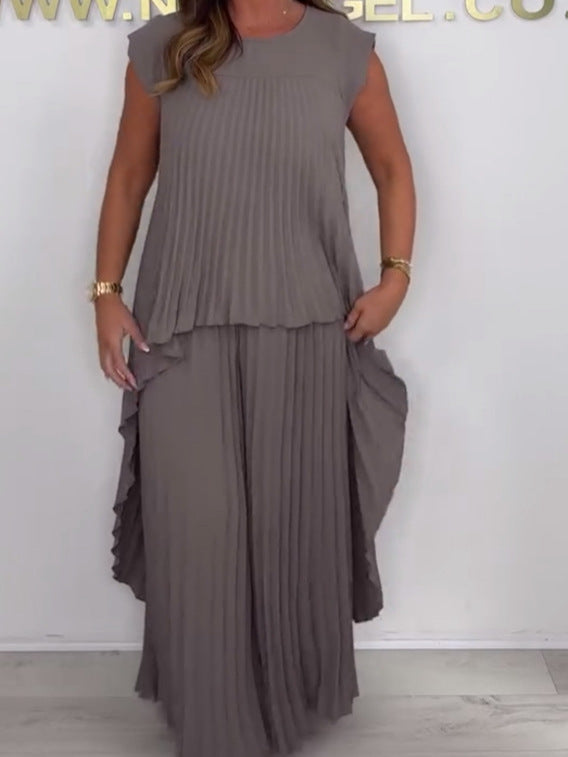 💖Blusa plisada de manga corta y pantalón holgado.-ES