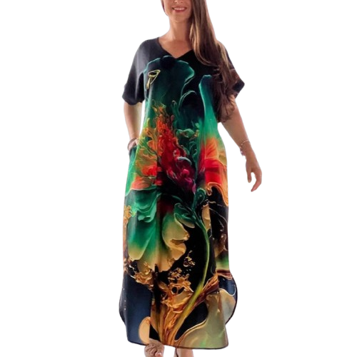 👗 Ženska duga haljina s printom i V-izrezom-HR