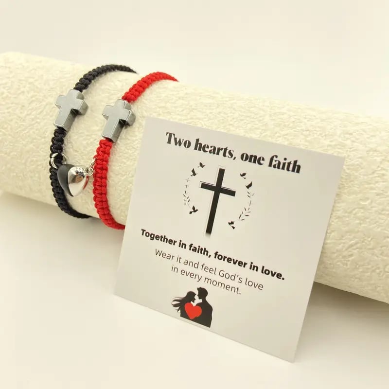 💕"Dos Corazones, Una Fe": una inspiradora pulsera cristiana con una cruz y una tarjeta con la bendición de Jesús.-ES