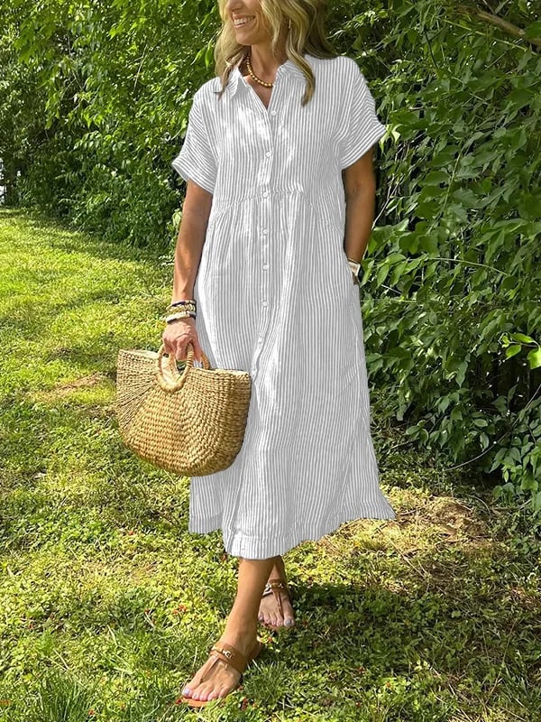 Vestido camisero de rayas con solapas y botones | Con bolsillos funcionales-ES