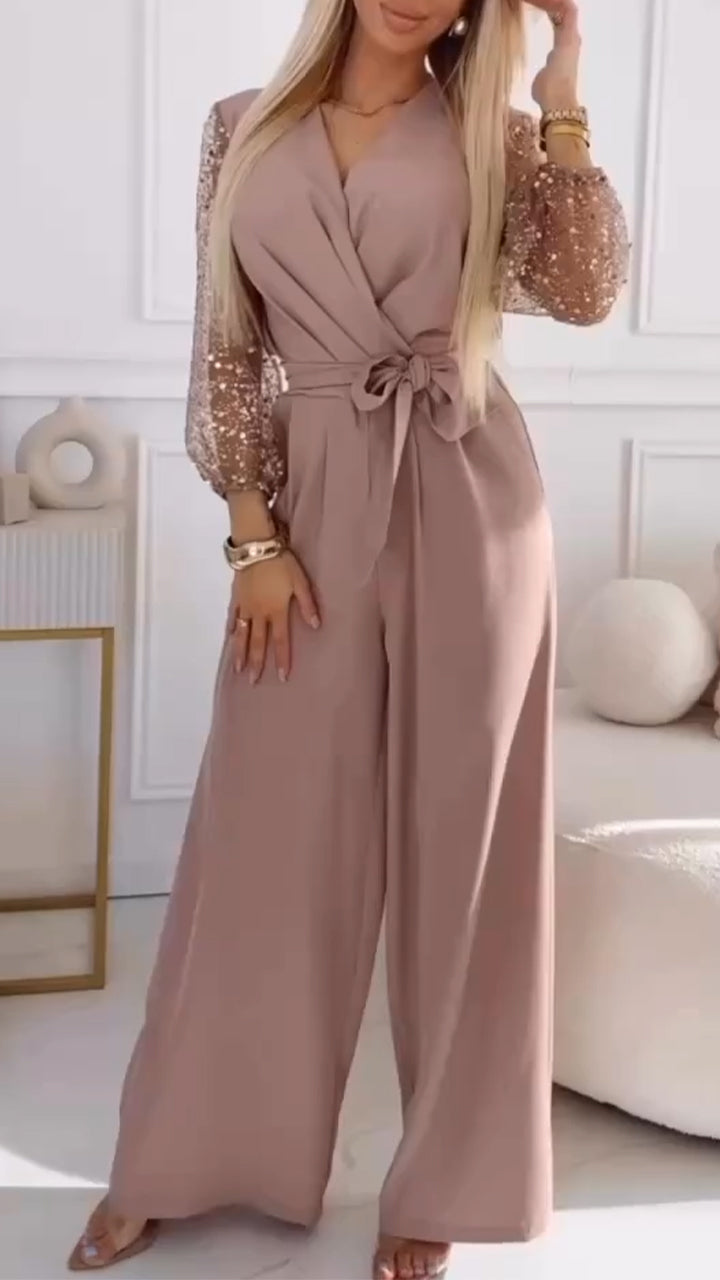 👑Traje casual de mujer con mangas abullonadas y escote en pico, decorado con lentejuelas.-ES
