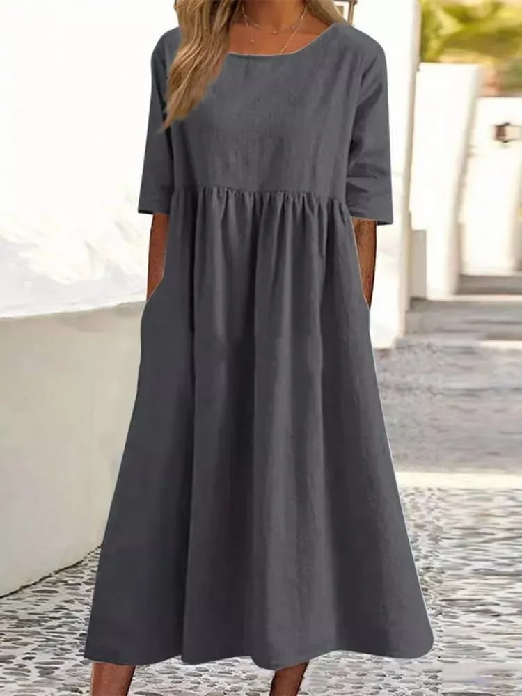 🔥Vestido de algodón con escote redondo y bolsillos-ES