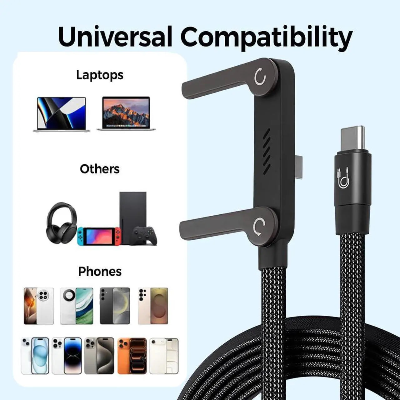 📱 240 W pintas greito įkrovimo laidas su įmontuotu telefono laikikliu – naujas 2026 m. sulankstomas patvarus USB-C tipo C laidas (2 vnt. pakuotėje)-LT