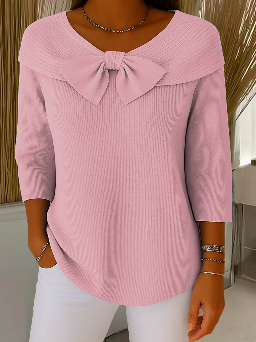 Suéter de punto de color liso para mujer, con cuello redondo y mangas tres cuartos, con lazo, ideal para uso diario.-ES