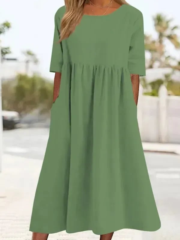 🔥Vestido de algodón con escote redondo y bolsillos-ES