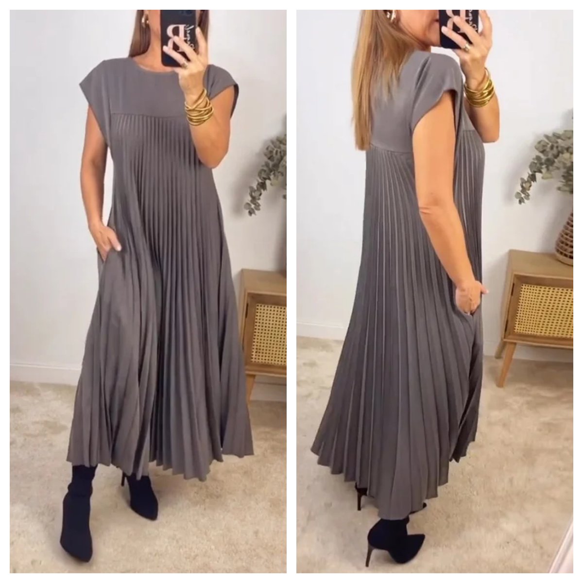 💕Γυναικείο πλισέ φόρεμα σε μονόχρωμο χρώμα👗-GR
