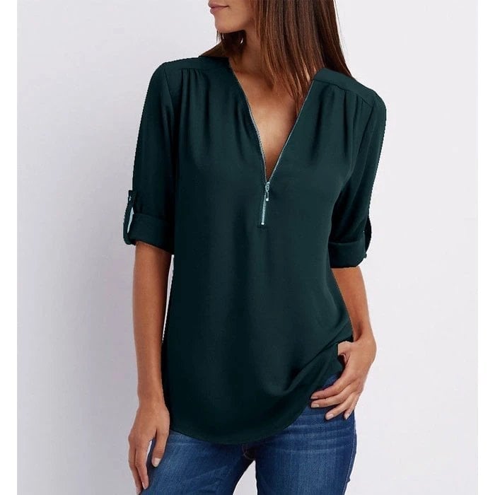 💟Blusa holgada de talla grande con mangas 3/4 y cremallera-ES