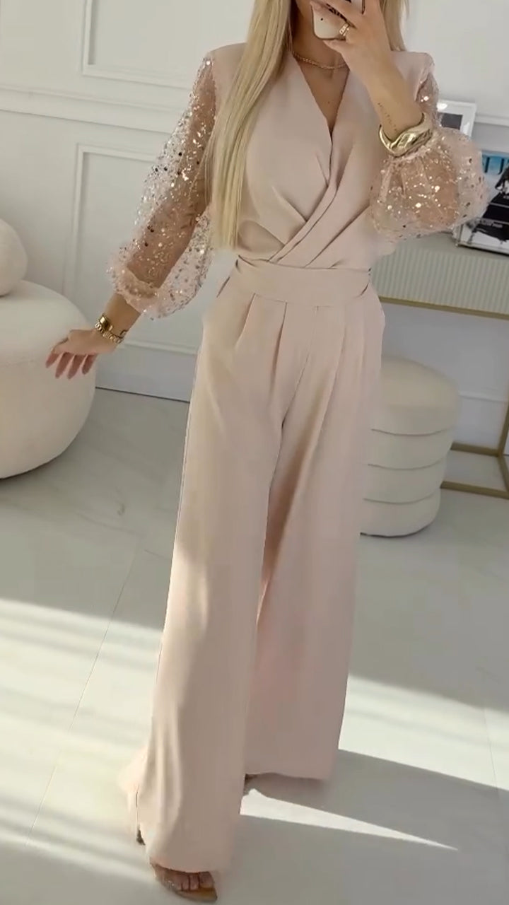 👑Traje casual de mujer con mangas abullonadas y escote en pico, decorado con lentejuelas.-ES