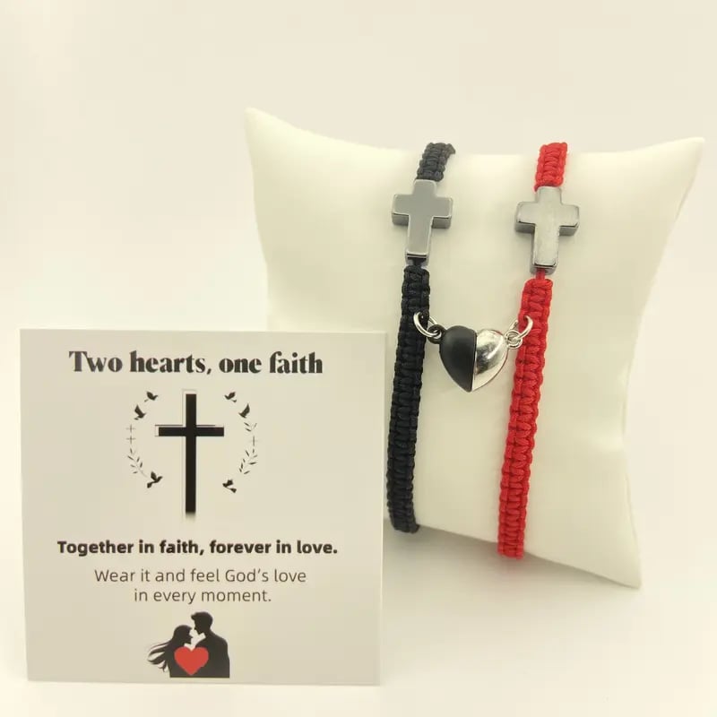 💕"Dos Corazones, Una Fe": una inspiradora pulsera cristiana con una cruz y una tarjeta con la bendición de Jesús.-ES