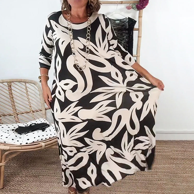 🌼Vestido de mujer elegante, suelto, de cuello redondo y estampado.-ES