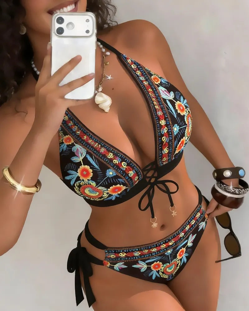 Moteriškas etninio gėlių rašto bikini komplektas-LT