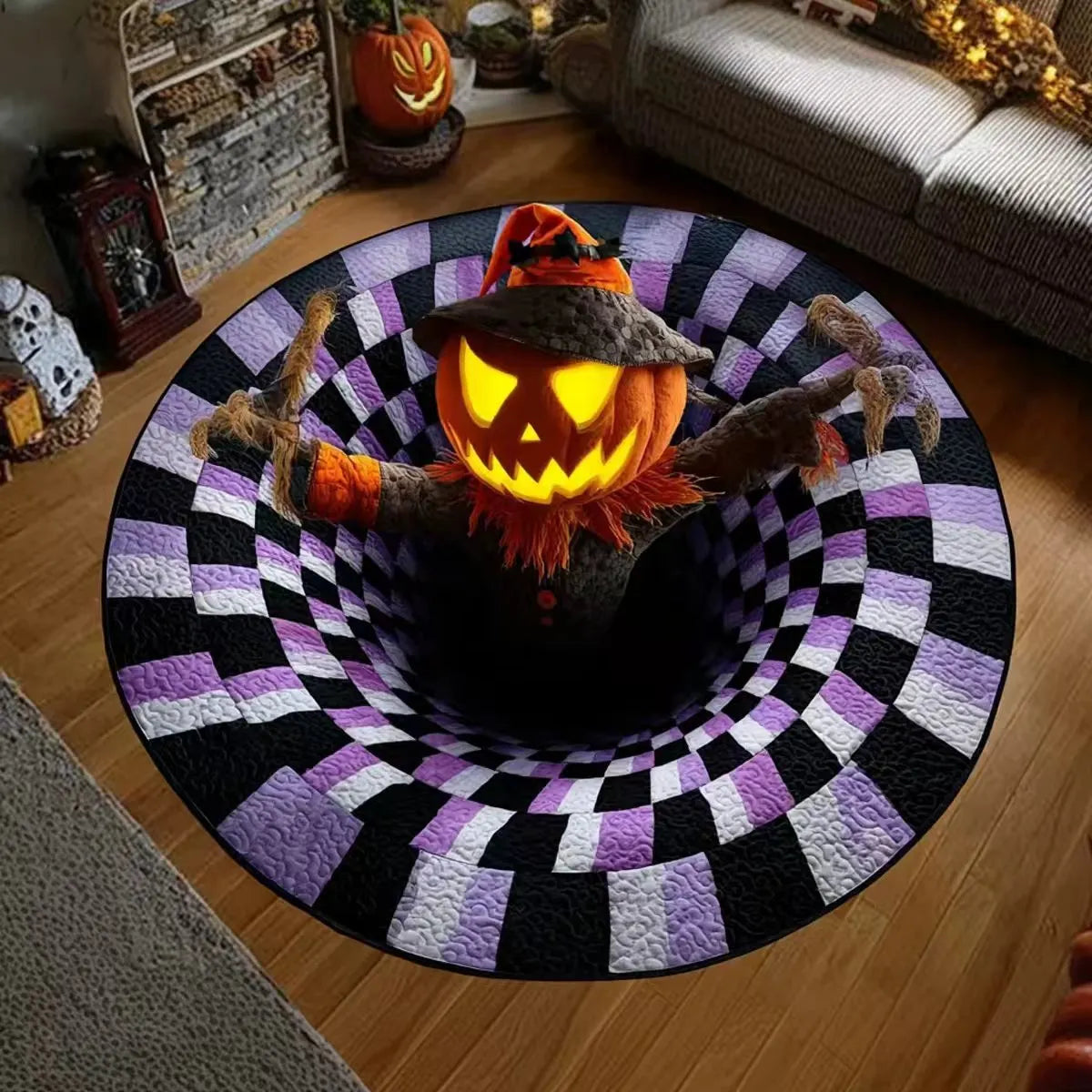 🔥Zadnja razprodaja🎃Prešita okrogla preproga za noč čarovnic s 3D okostjem in vrtincem-SI