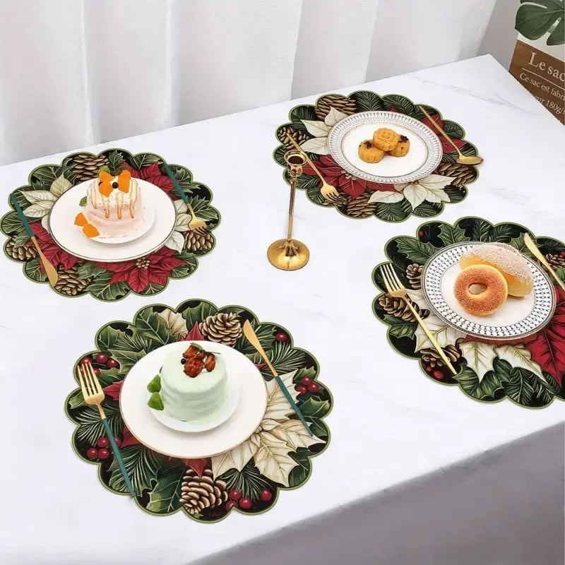 10 manteles individuales de invierno con forma de flor de Pascua y piñas, de tela antideslizante.-ES