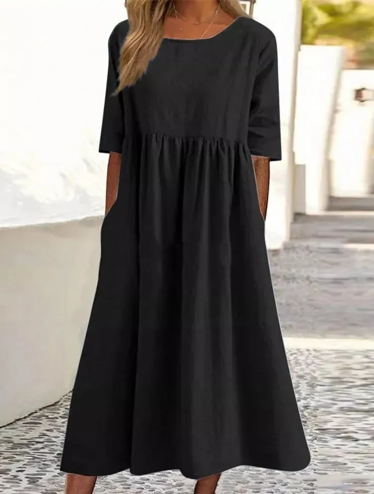 🔥Vestido de algodón con escote redondo y bolsillos-ES