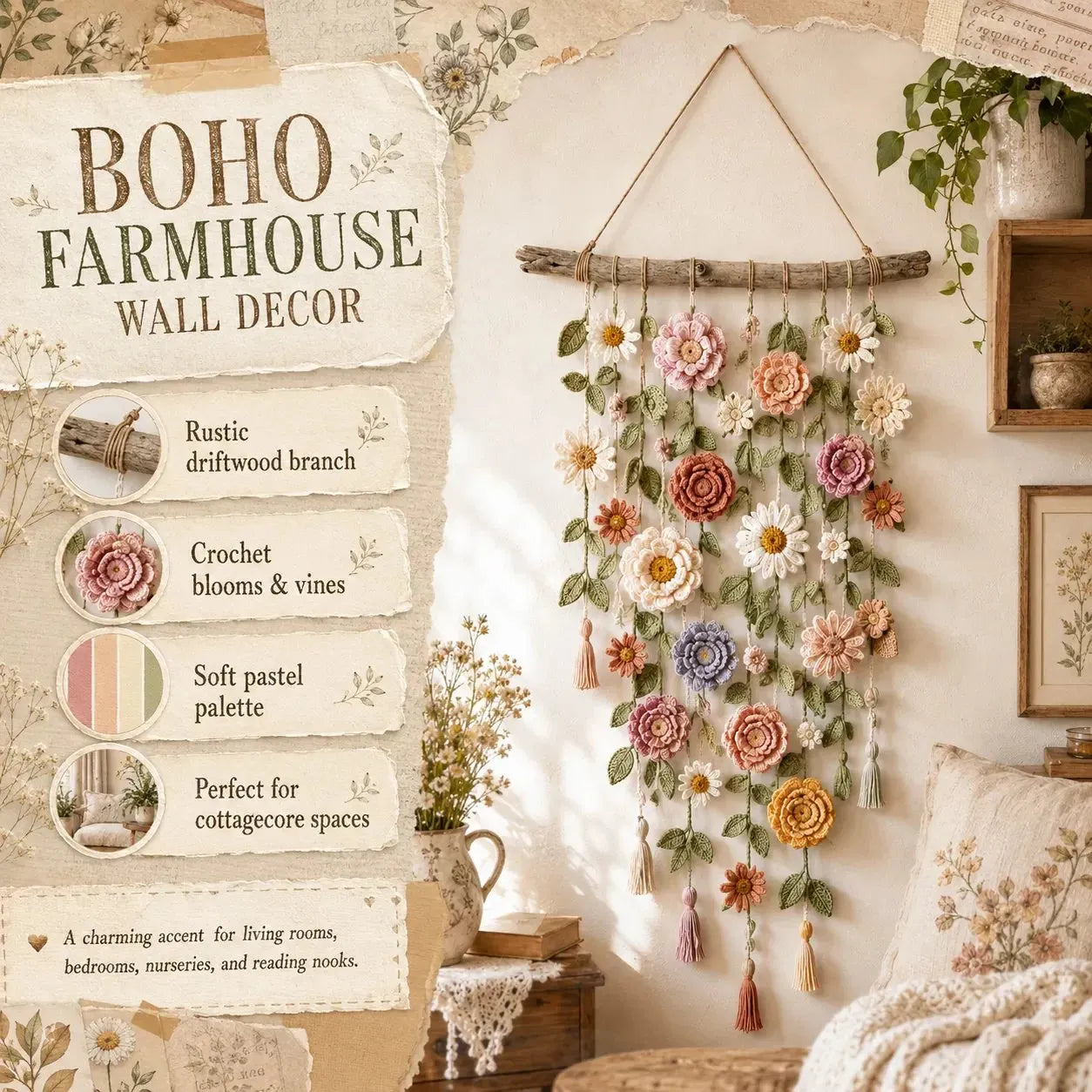 🌸Boho kvačkana stenska dekoracija s cvetjem-SI