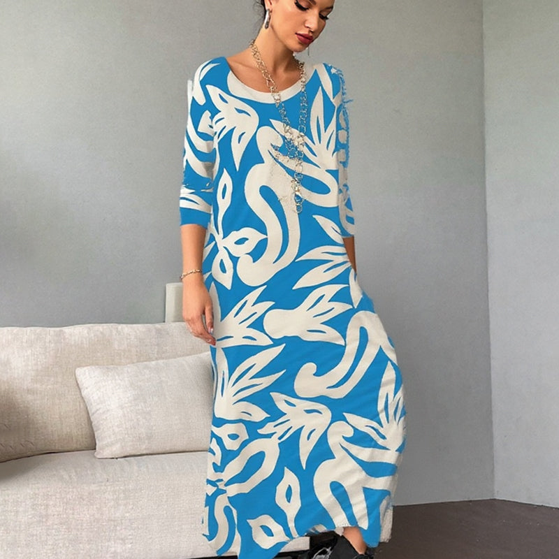 🌼Vestido de mujer elegante, suelto, de cuello redondo y estampado.-ES