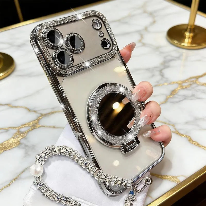 ✨💎Žėrintis deimantinis moteriškas telefono dėklas su veidrodėliu ir stovu, skirtas iPhone 12/13/14/15/16/17 Pro Max, 17Air, 14/15/16 Plus💖-LT