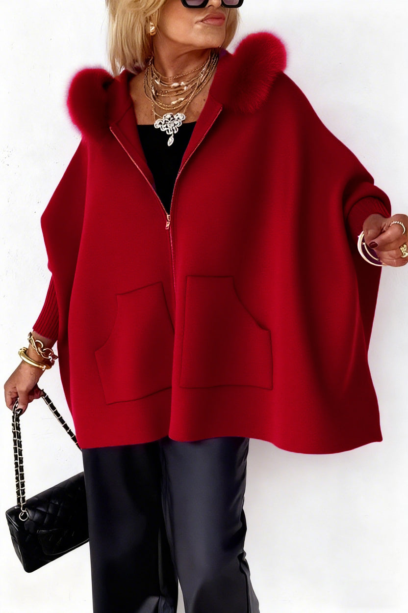Chaqueta casual de mujer con cuello de piel de color liso.-ES