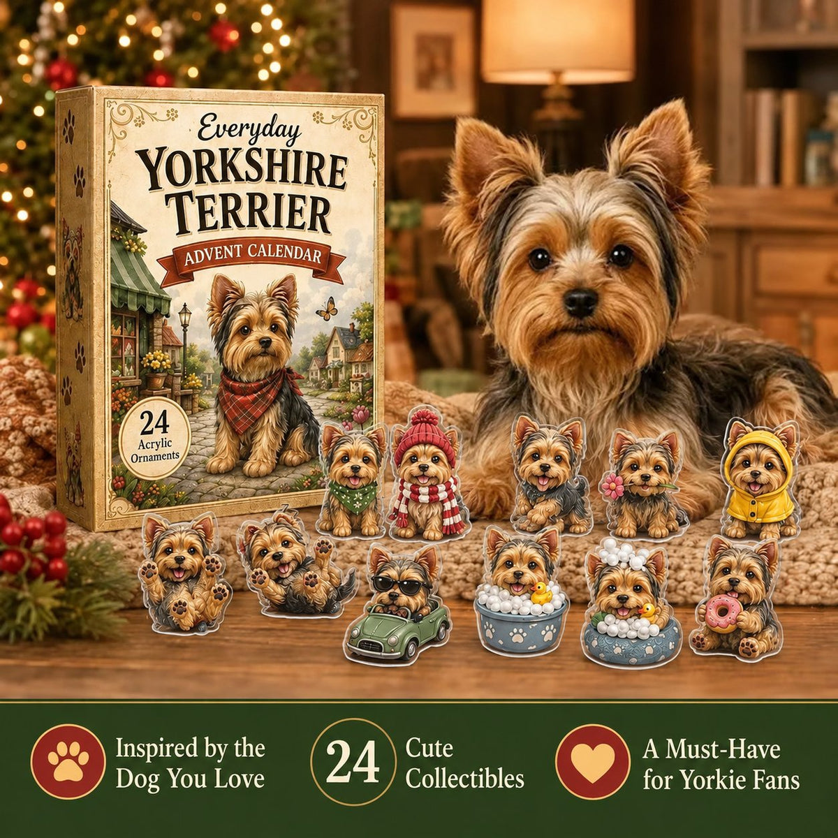 💥✨Yorkshire Terrier 2D Advent Calendar – 24 Unique Yorkie Acrylic Ornaments & Daily Christmas Surprises