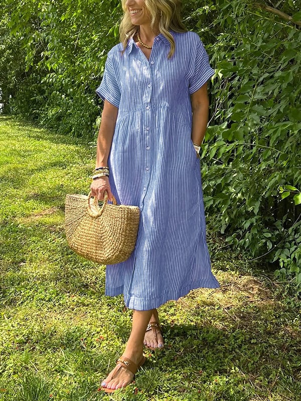 Vestido camisero de rayas con solapas y botones | Con bolsillos funcionales-ES