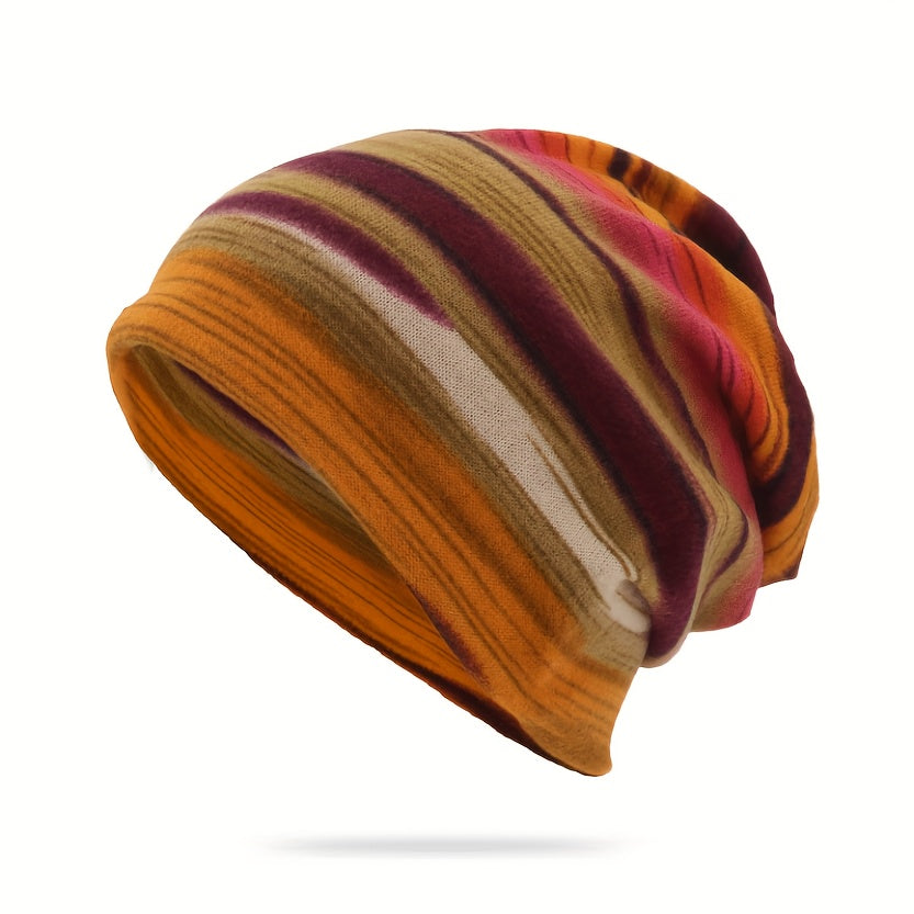 Pandaize Colorful Stripes Retro Thermal Loose Beanie Hat - Vintage pletenina za jesen in zimo-SI