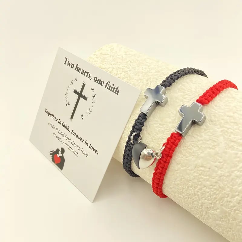 💕"Dos Corazones, Una Fe": una inspiradora pulsera cristiana con una cruz y una tarjeta con la bendición de Jesús.-ES