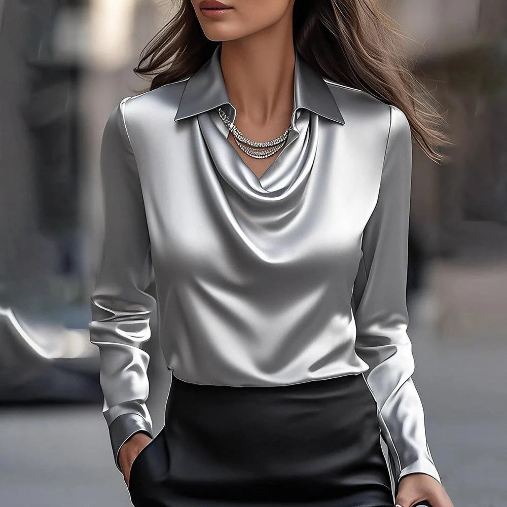 Elegantne satiinist pluus drapeeritud kaelusega-EE
