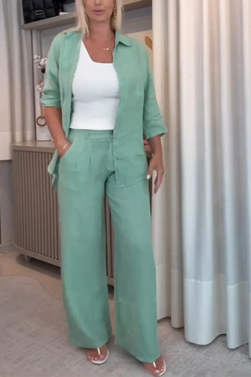 Traje casual de mujer de algodón y lino, de botonadura sencilla, con solapas, dos piezas-ES