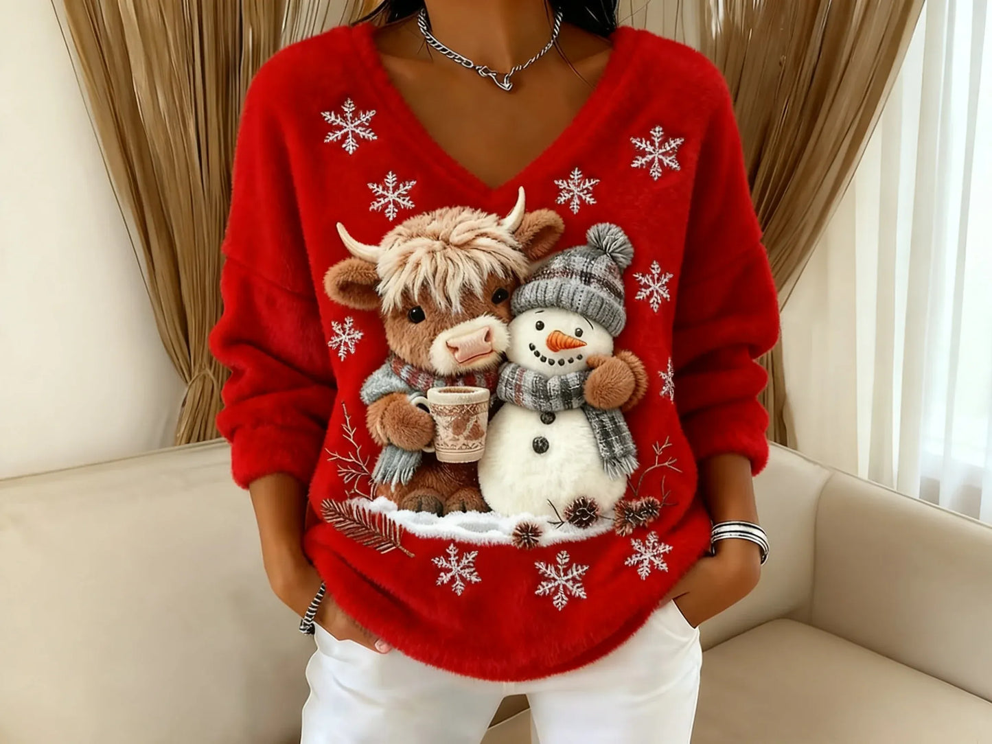 🔥Último día con 49% de descuento🔥Blusa de mujer con cuello en V y estampado de vaca Yeti escocesa-ES