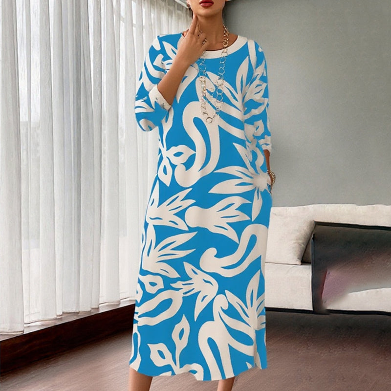 🌼Vestido de mujer elegante, suelto, de cuello redondo y estampado.-ES