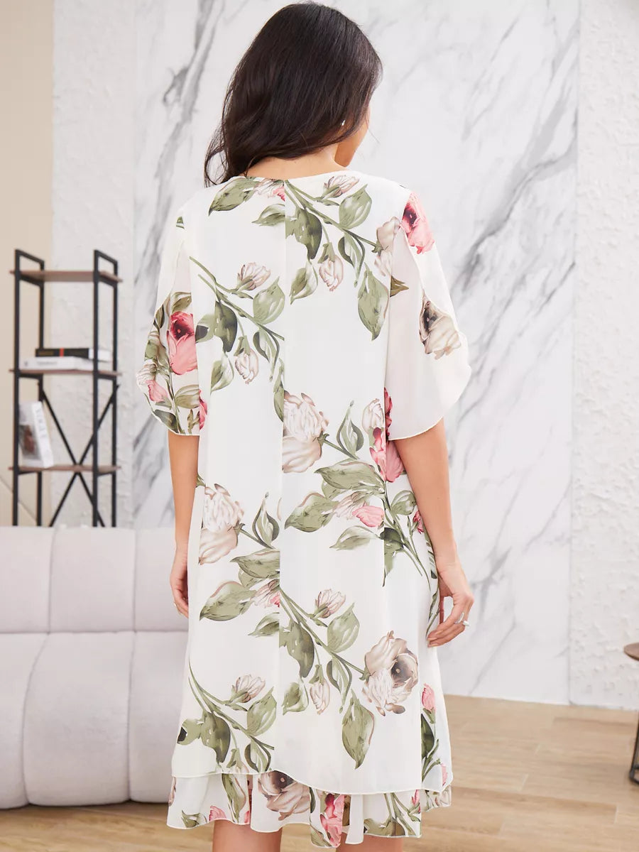 ❀Elegante vestido de gasa de media manga para mujer con estampado-ES