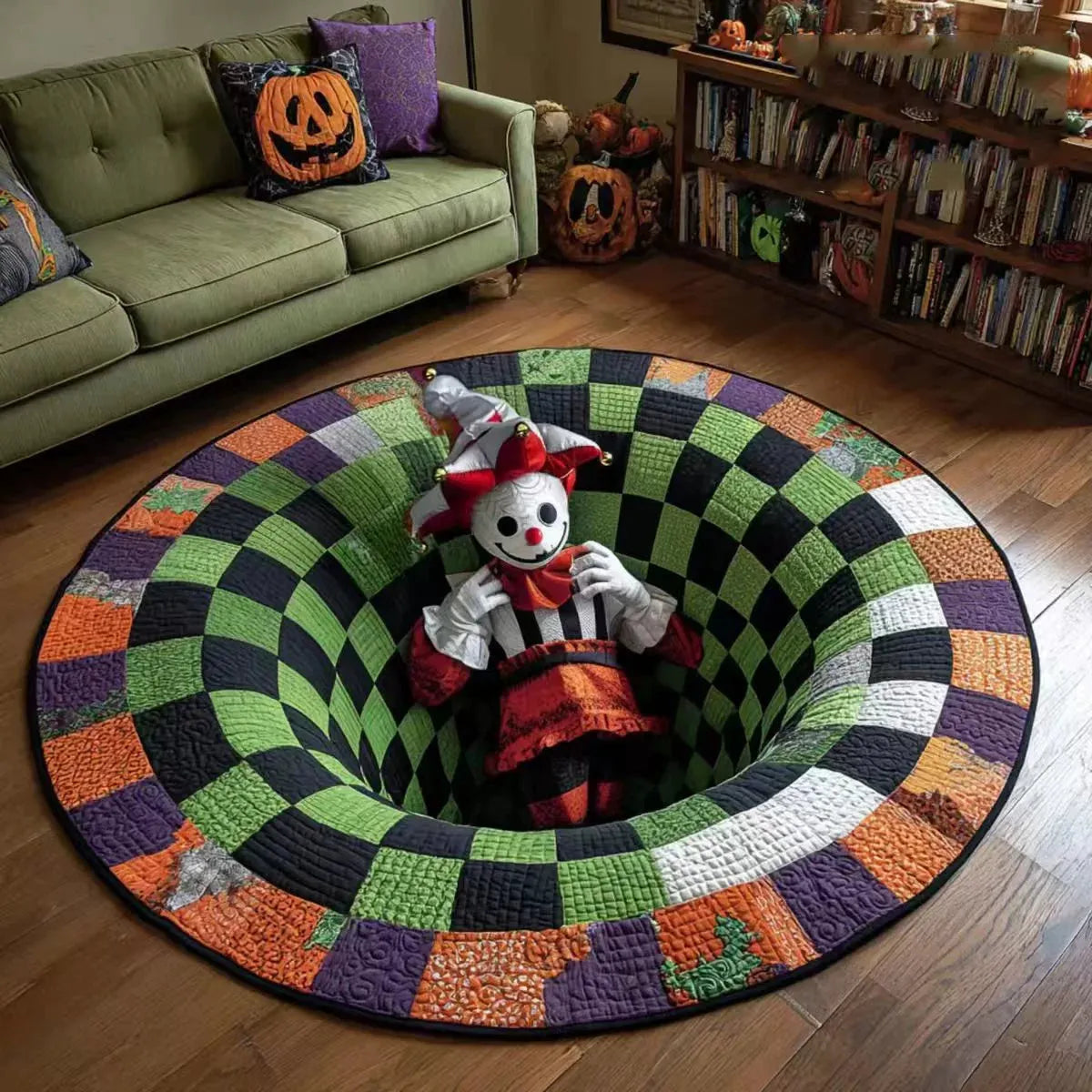 🔥Zadnja razprodaja🎃Prešita okrogla preproga za noč čarovnic s 3D okostjem in vrtincem-SI