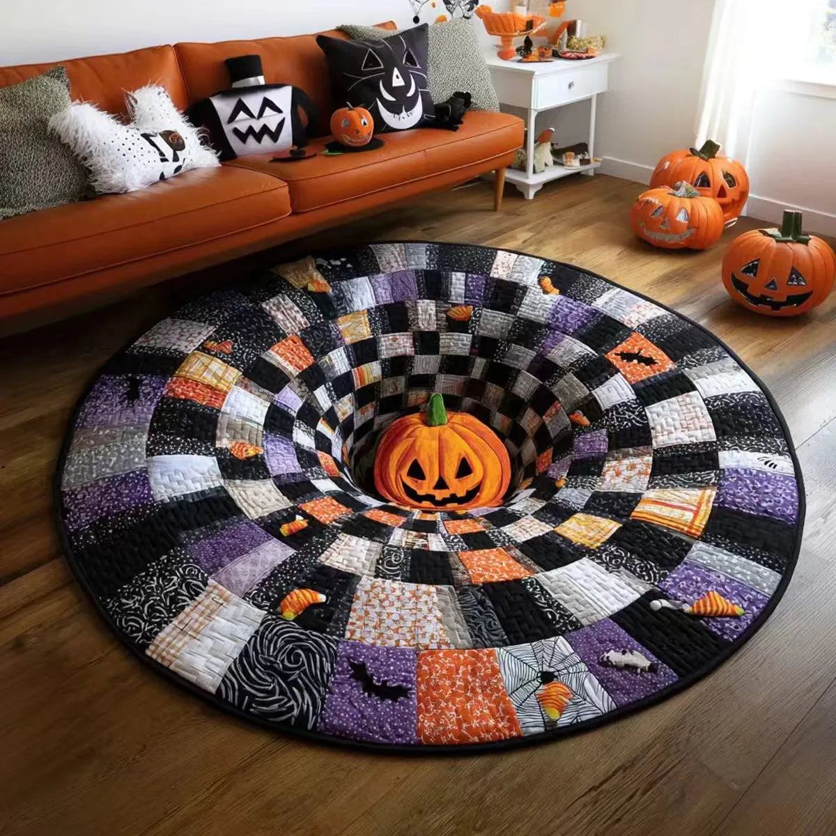 🔥Zadnja razprodaja🎃Prešita okrogla preproga za noč čarovnic s 3D okostjem in vrtincem-SI
