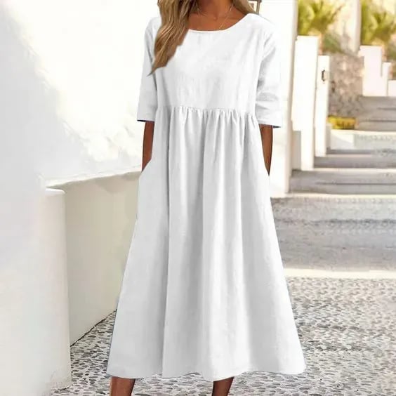 🔥Vestido de algodón con escote redondo y bolsillos-ES