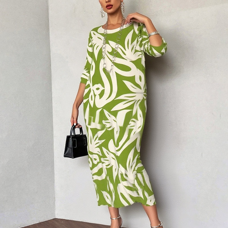 🌼Vestido de mujer elegante, suelto, de cuello redondo y estampado.-ES